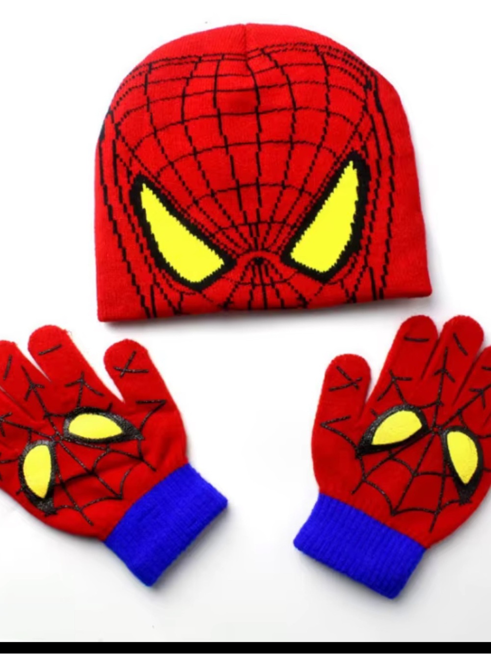 Spiderman Red and Blue Beanie and Gloves Set with Yellow Eye Accents